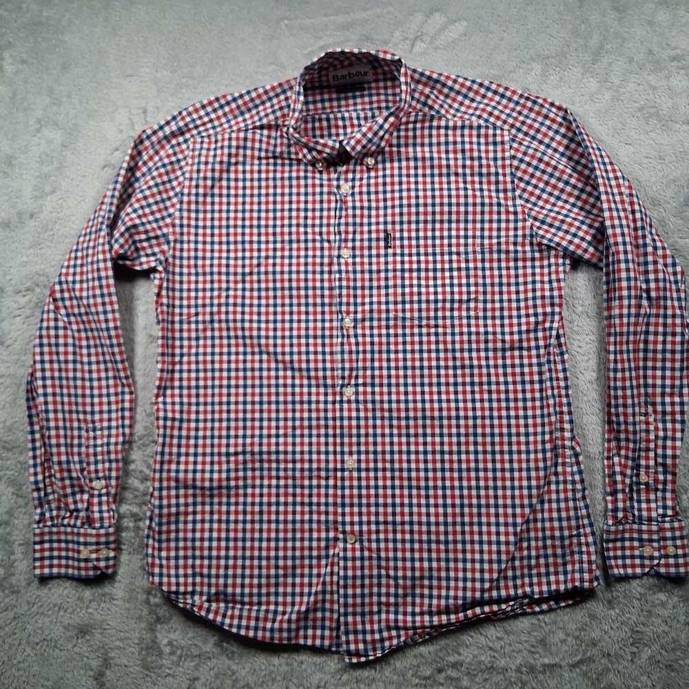 Barbour Shirt Mens Large Red Check Plaid Button Down Tailored Fit Cotton